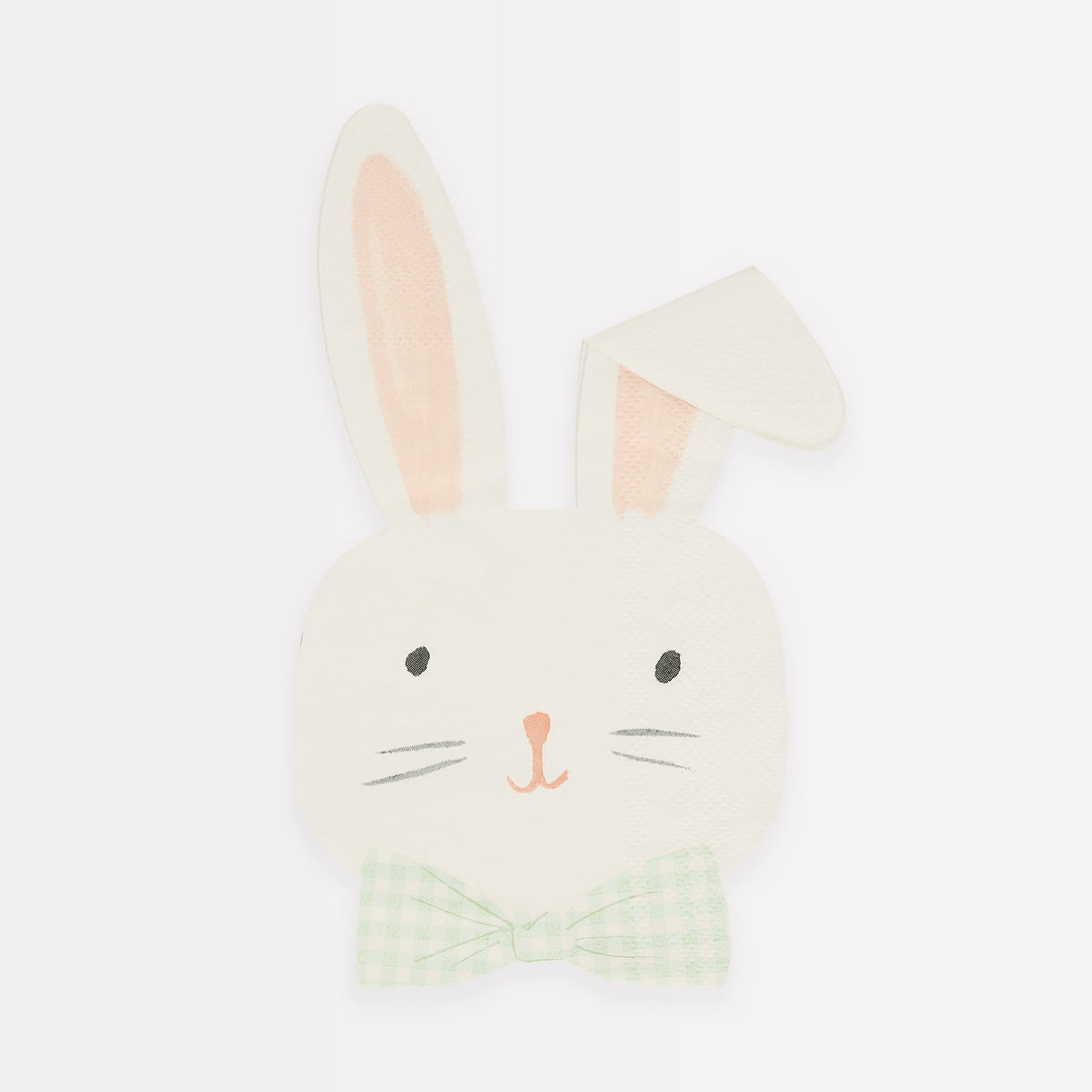 A white Easter Bunny Napkins with gingham bow details on a white background by Meri Meri.