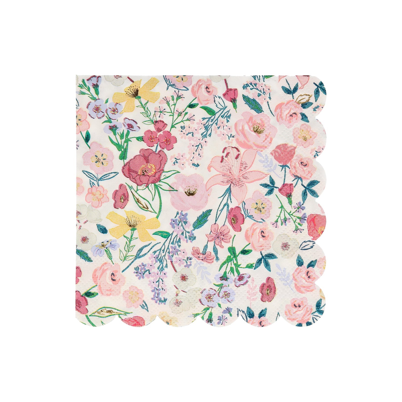 A set of Meri Meri English Garden Napkins with floral designs, perfect for a party table.