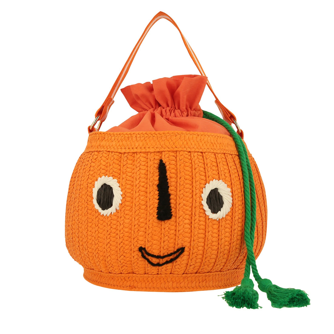Orange woven bag with pumpkin face stitched on front 