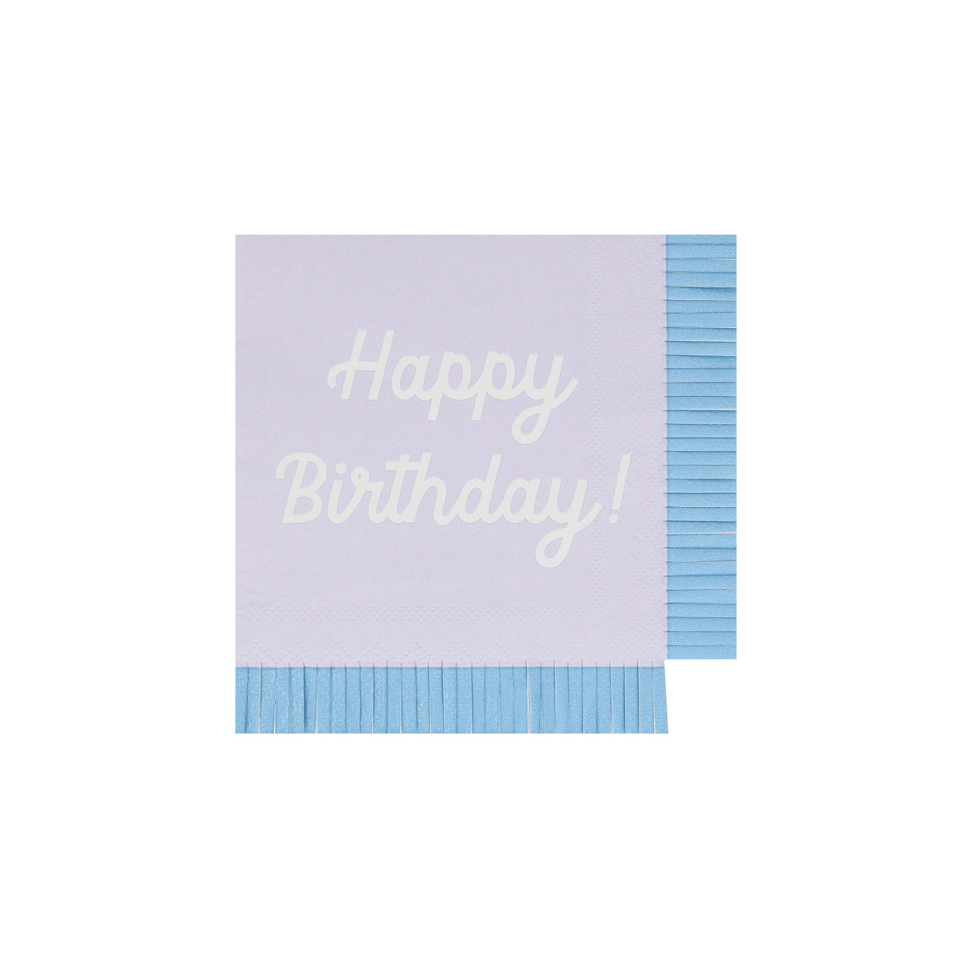 Purple Meri Meri napkin with Happy Birthday printed on it and coordinating fringe border. 