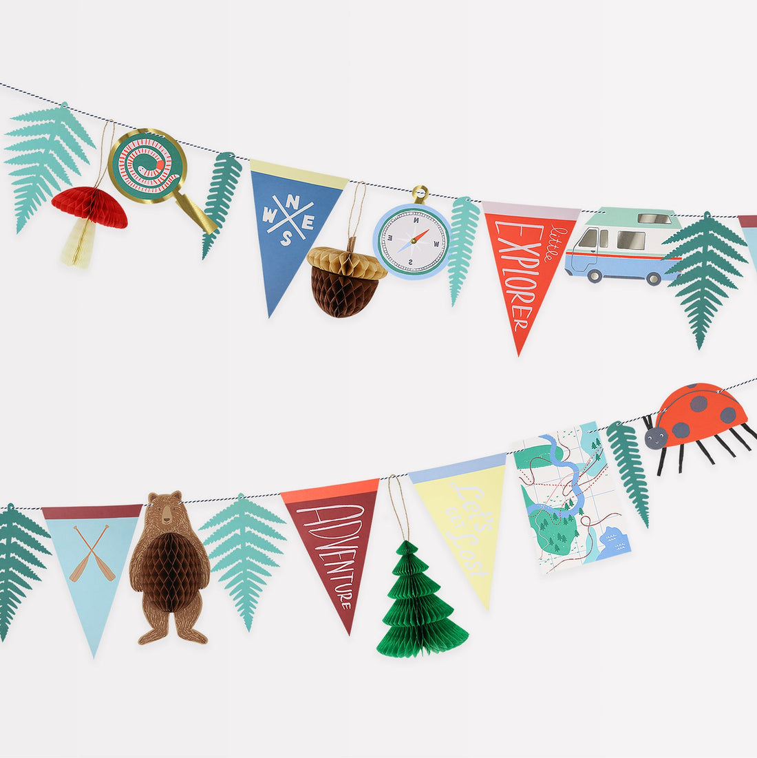 This paper garland  by Meri Meri features retro summer-camp pennants, paper ferns, camping iconography and an embellished ladybug. Honeycomb details on the mushroom and tree open 360 degrees. Honeycomb details on the acorn opens 180 degrees on the front and back, and on the bear&