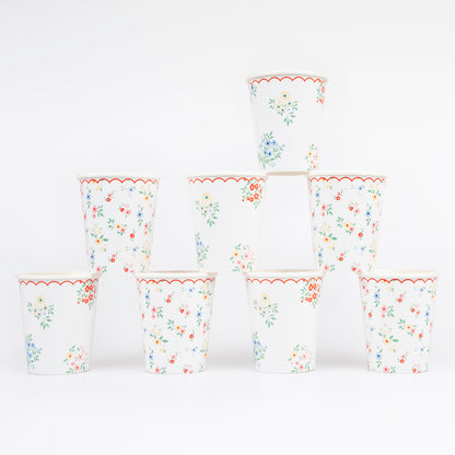 Dainty posy bouquets and ditsy floral clusters printed on paper cups by Meri Meri. 