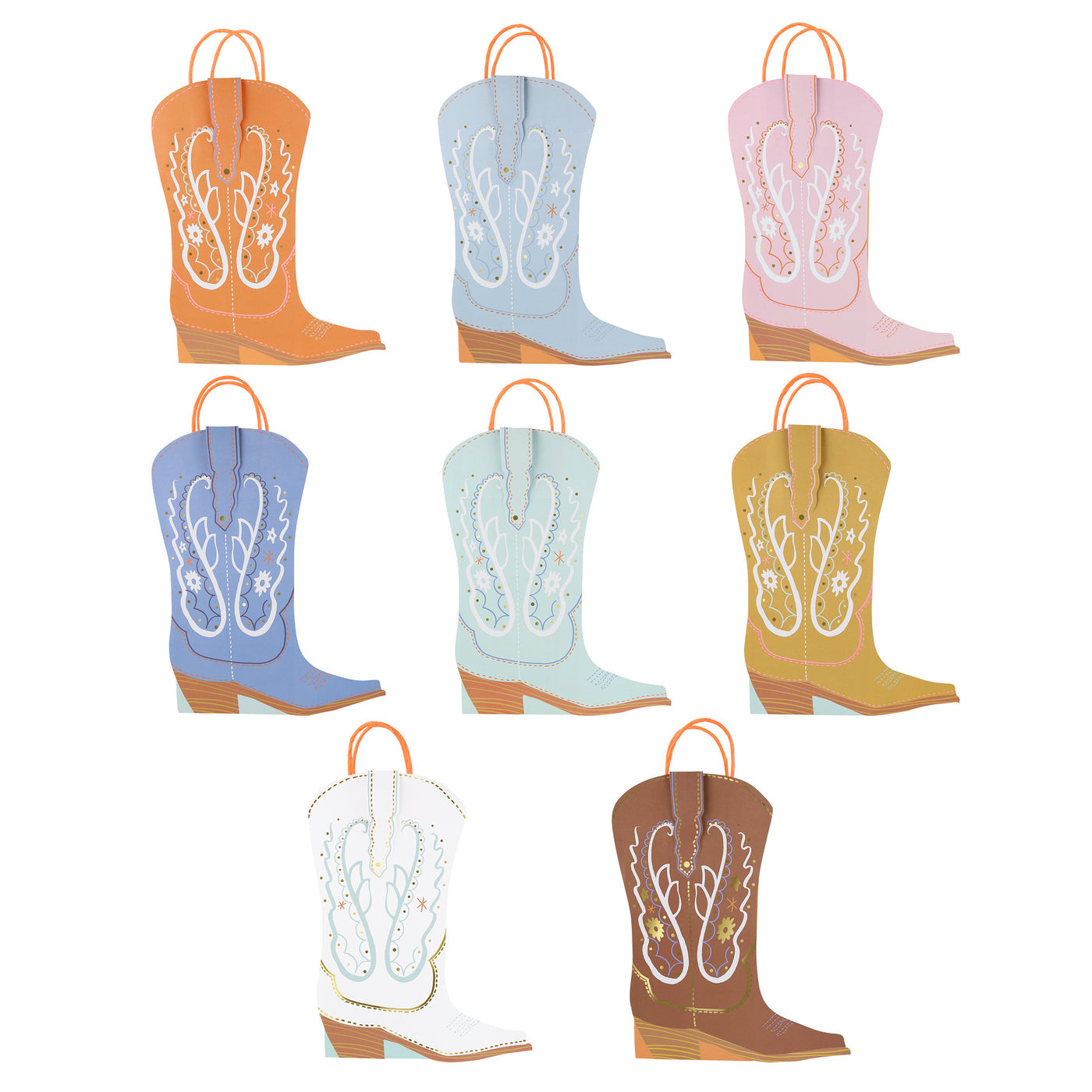 8 boot shaped party bags in 8 different colors, including brown, ochre, orange, light blue, blue, mint, white and light pink by Meri Meri. 