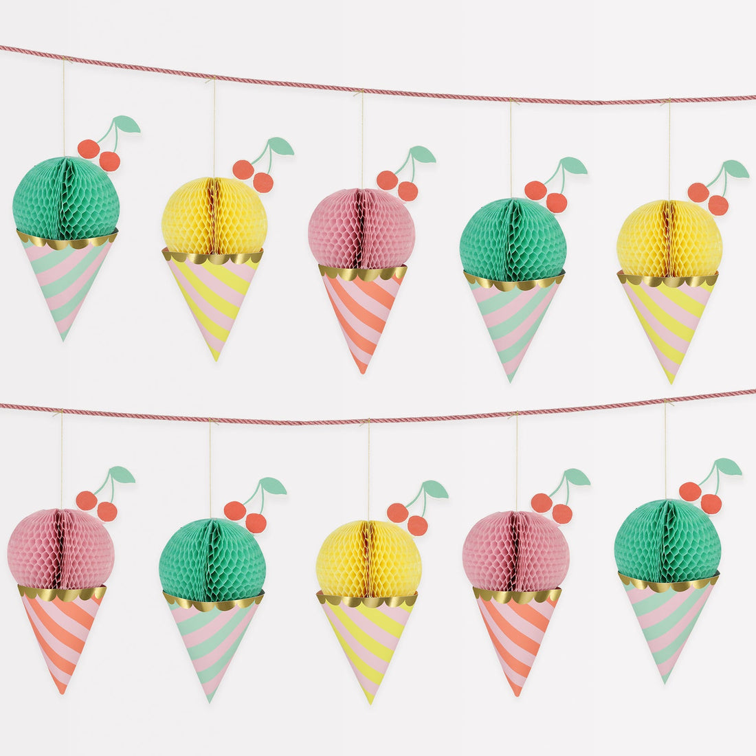 Meri Meri paper garland made up of 8 honeycomb ice creams with shiny gold foil details.