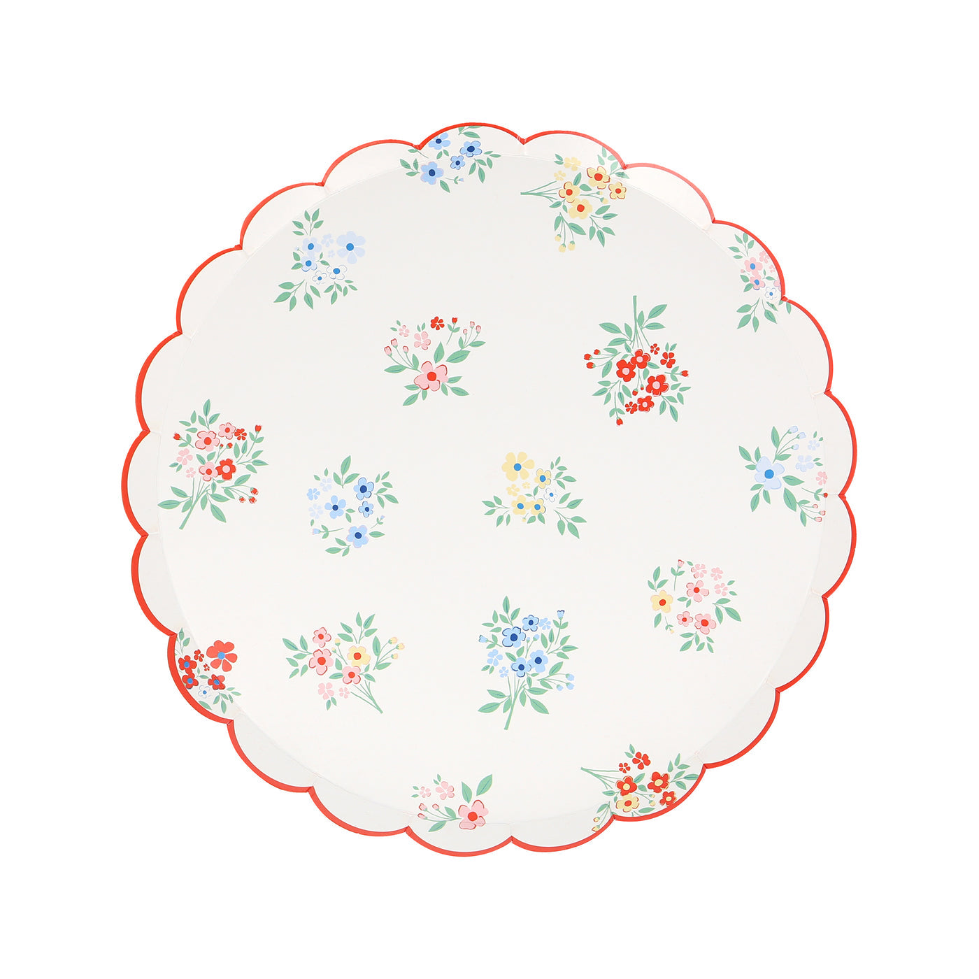 Meri Meri paper plates with  posy bouquets and a scalloped red border.