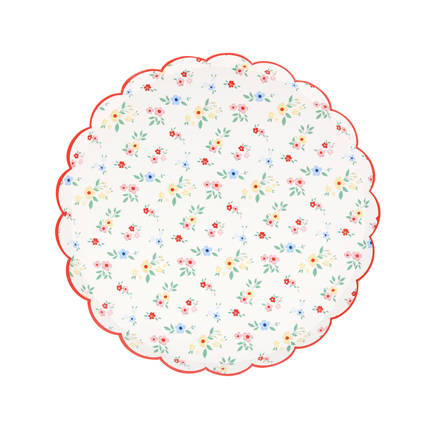 Meri Meri paper plate with  ditsy clusters and a scalloped red border.