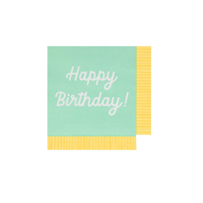 Mint Meri Meri napkin with Happy Birthday printed on it and coordinating fringe border. 