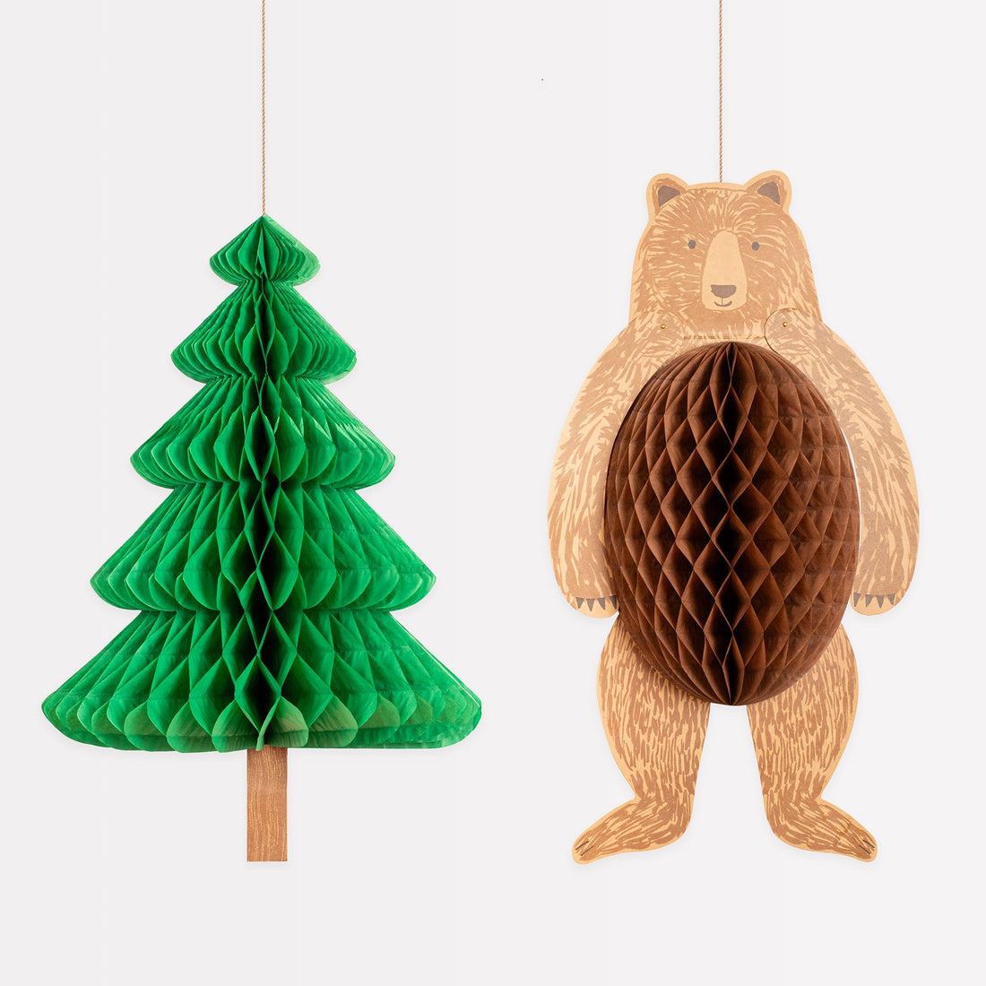 Giant hanging tree and bear decorations with tissue paper honeycomb details by Meri Meri.