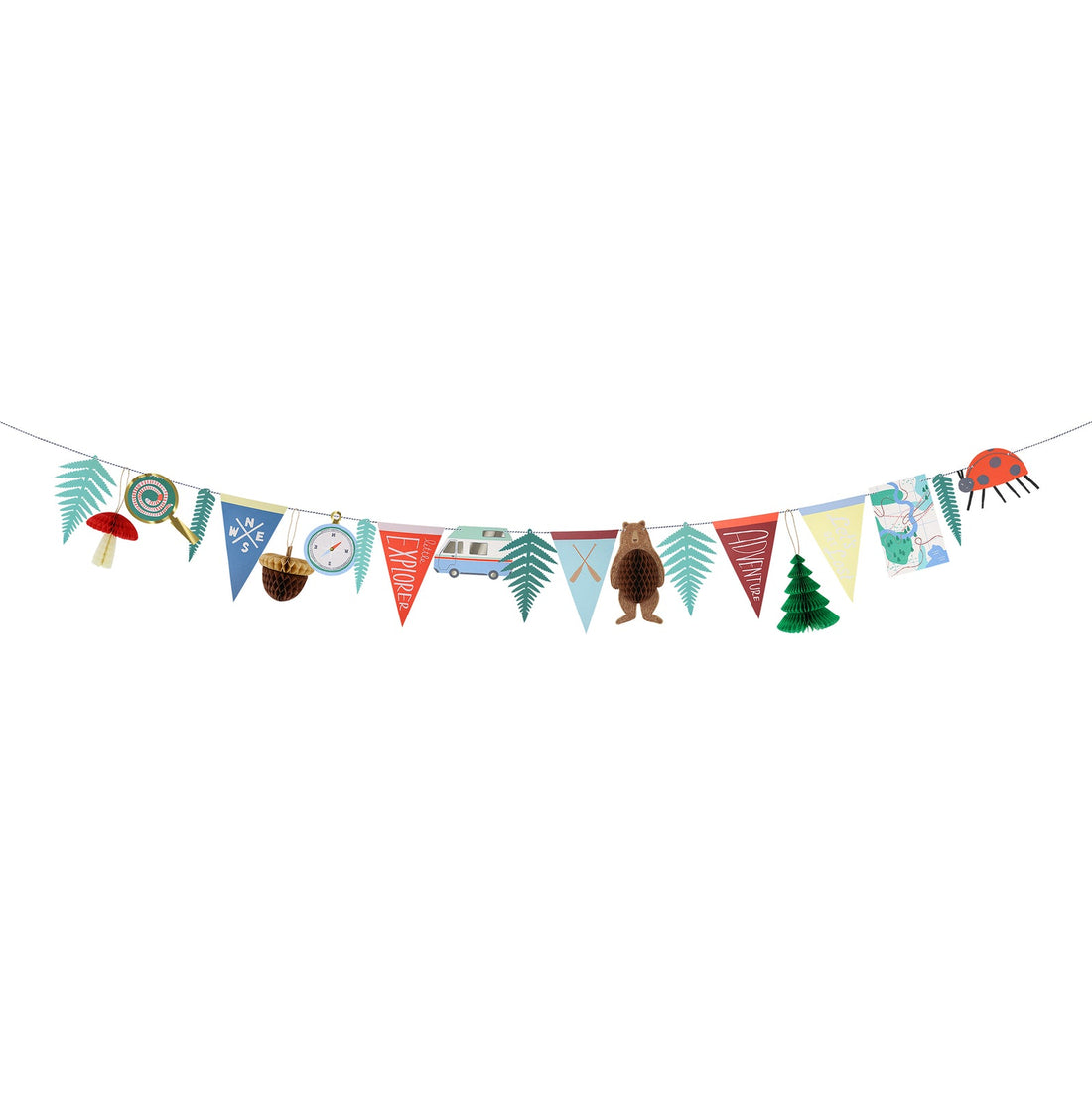 This paper garland  by Meri Meri features retro summer-camp pennants, paper ferns, camping iconography and an embellished ladybug. Honeycomb details on the mushroom and tree open 360 degrees. Honeycomb details on the acorn opens 180 degrees on the front and back, and on the bear&