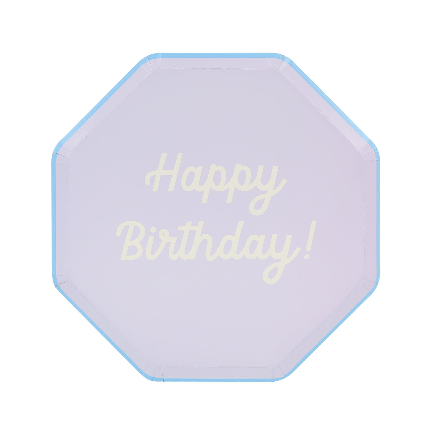 Octagonal shaped paper plate in lavender saying &quot;Happy Birthday!&quot;. 