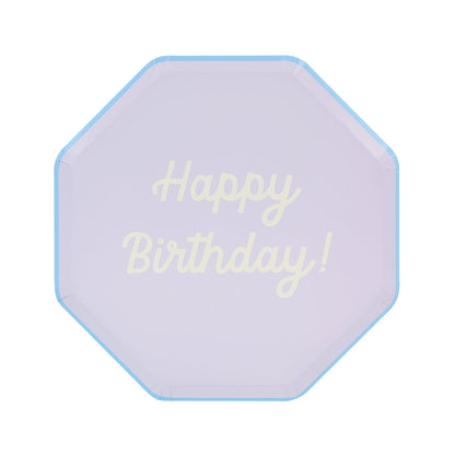 Octagonal shaped paper plate in lavender saying &quot;Happy Birthday!&quot;. 