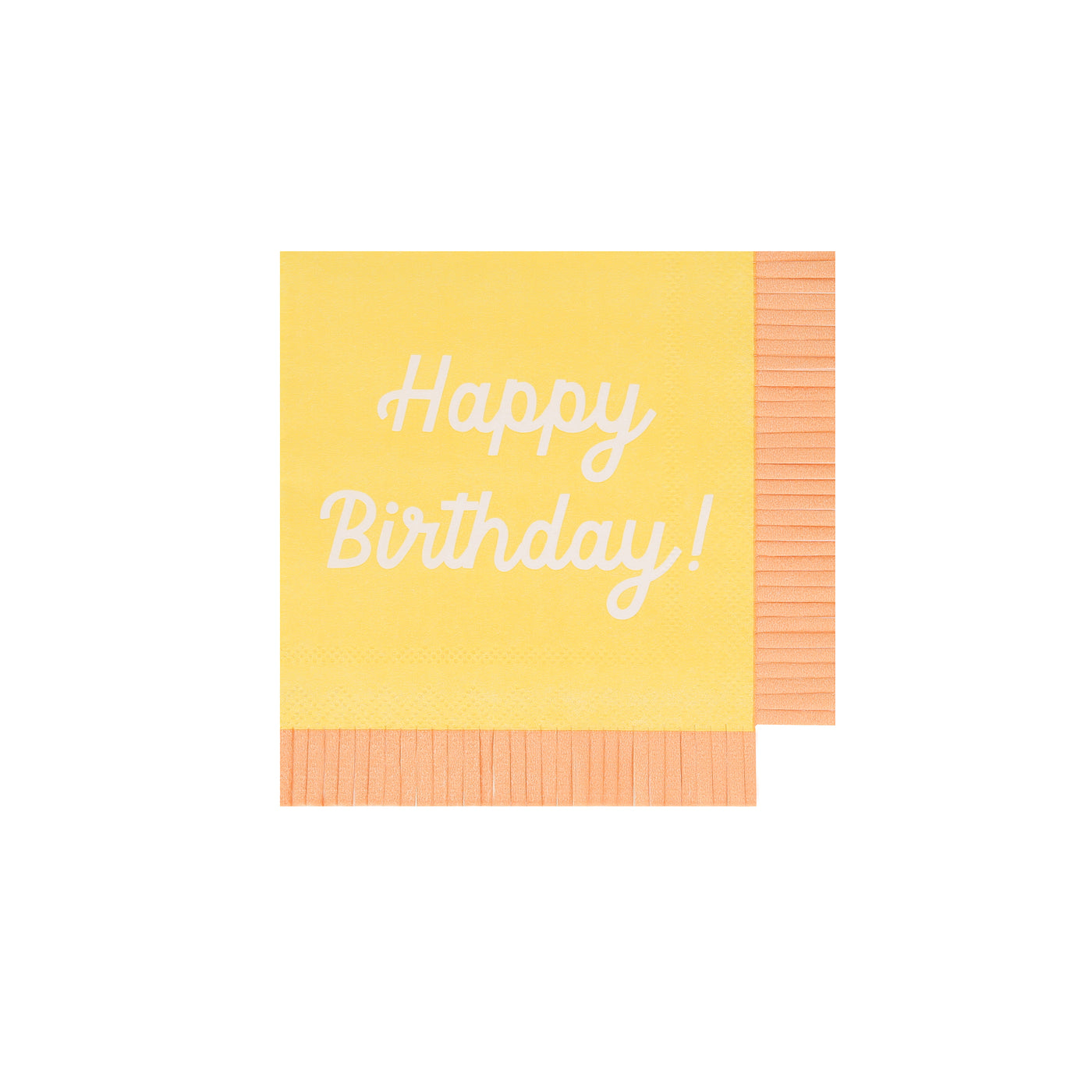 Yellow Meri Meri napkin with Happy Birthday printed on it and coordinating fringe border. 