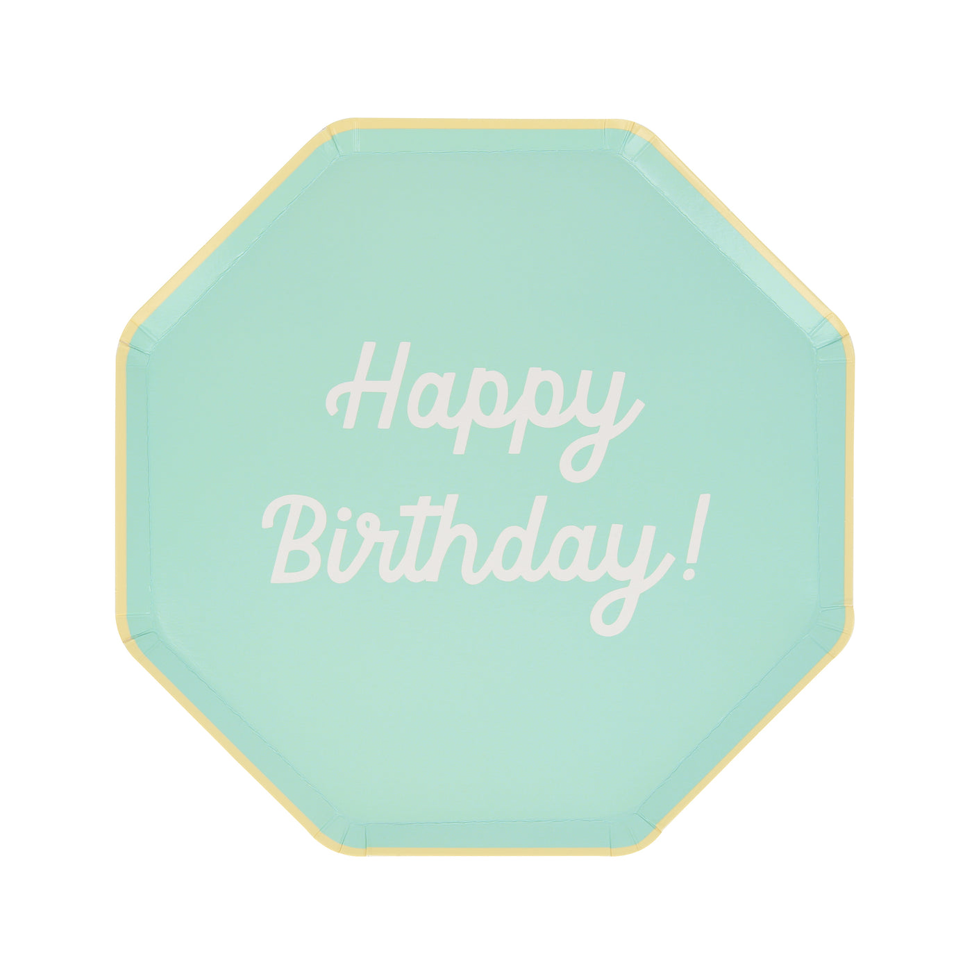 Octagonal shaped paper plate in mint saying &quot;Happy Birthday!&quot;. 