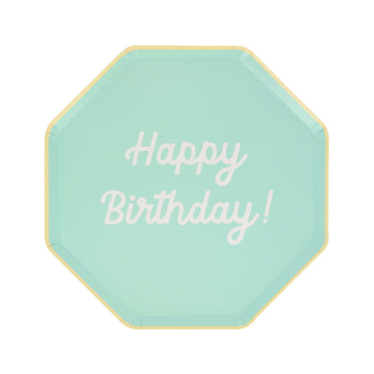 Octagonal shaped paper plate in mint saying &quot;Happy Birthday!&quot;. 