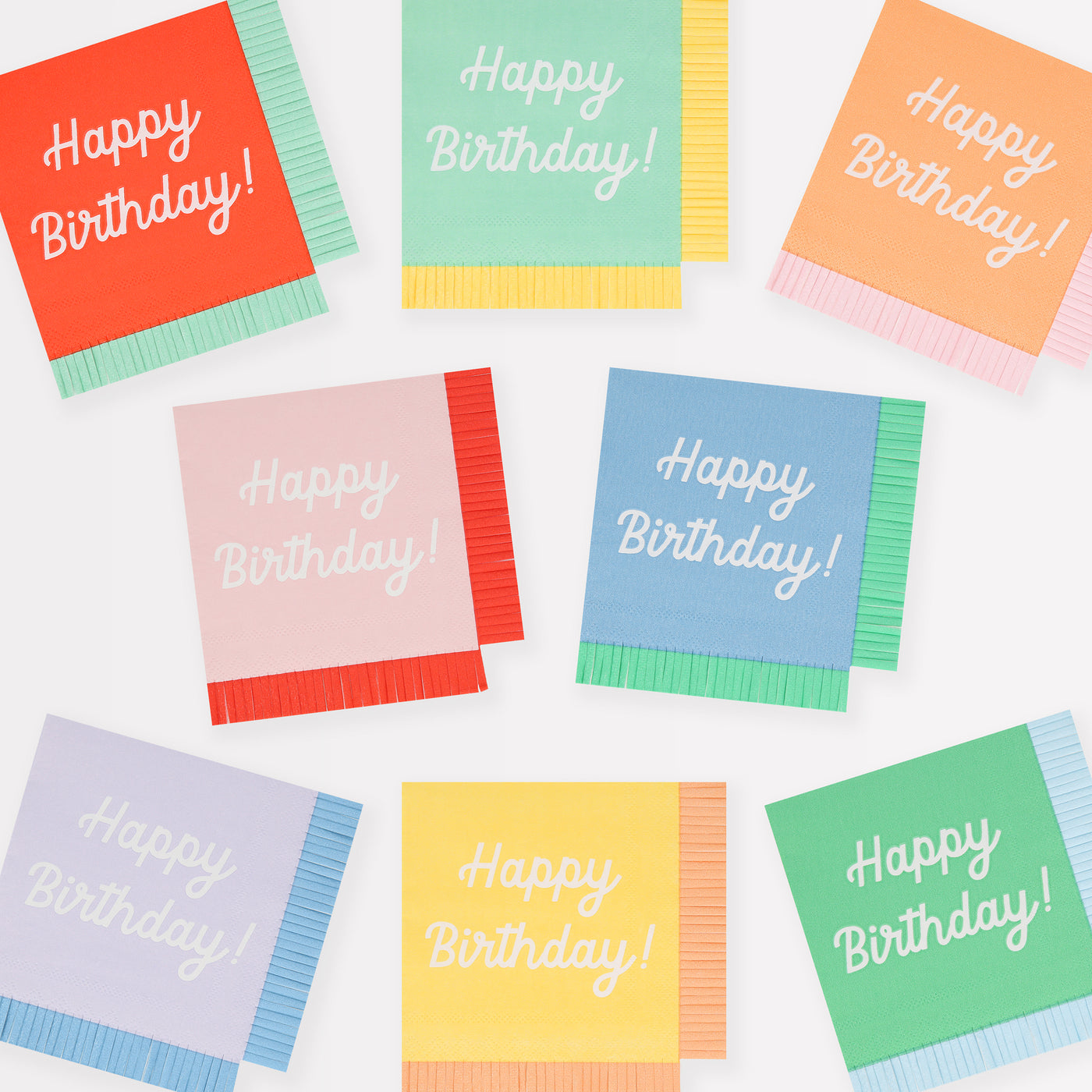 Meri Meri Mixed Happy Birthday Napkins in a rainbow of colors and printed with Happy Birthday!