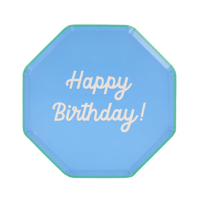 Octagonal shaped paper plate in mint saying &quot;Happy Birthday!&quot;. 