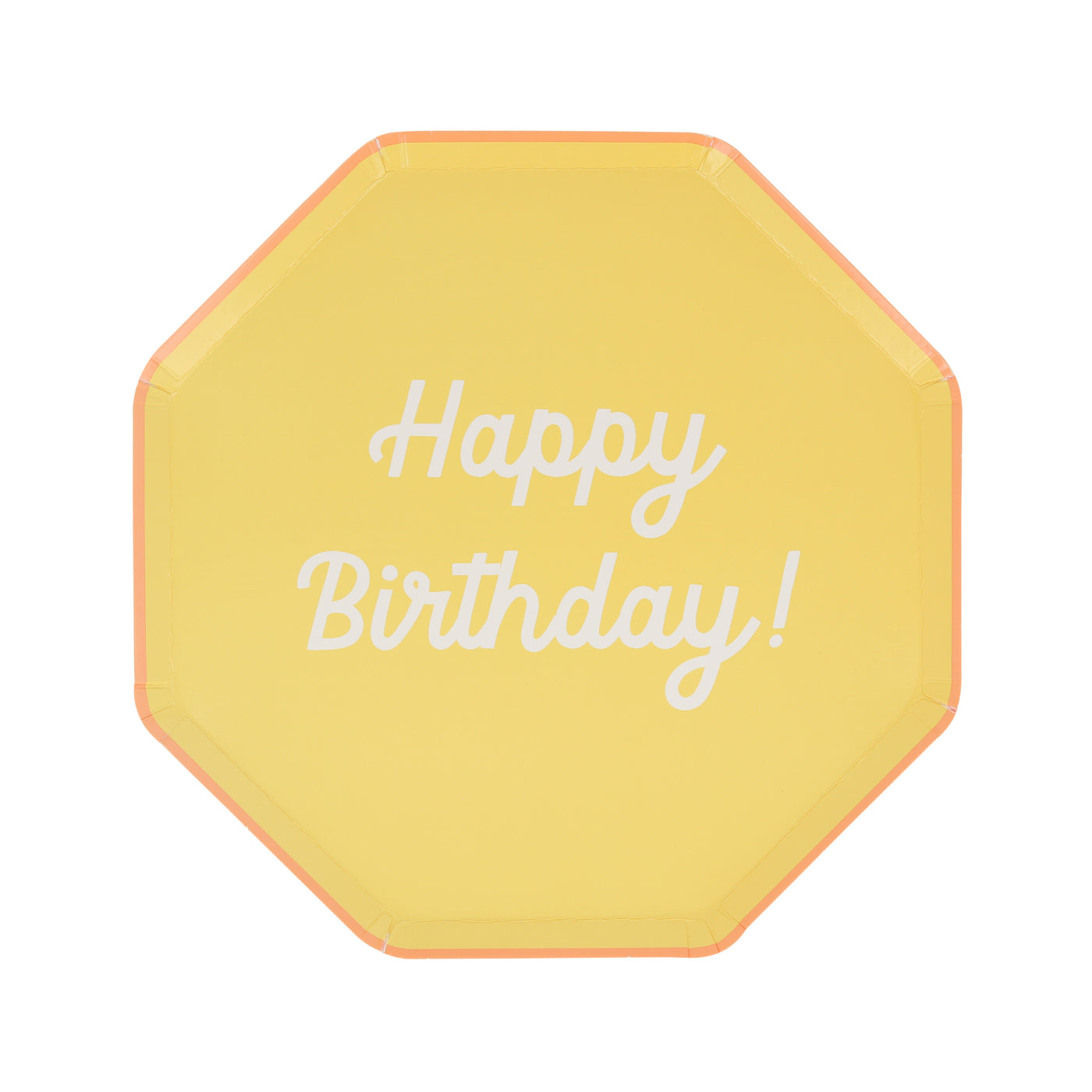 Octagonal shaped paper plate in yellow saying &quot;Happy Birthday!&quot;. 