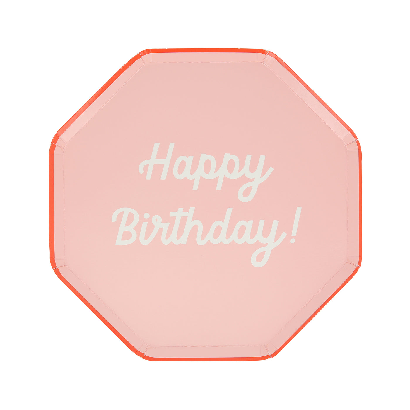 Octagonal shaped paper plate in pink saying &quot;Happy Birthday!&quot;. 