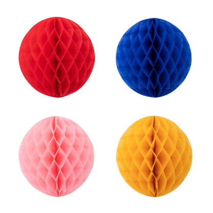 Spherical honeycomb in red, blue, pink and yellow. 