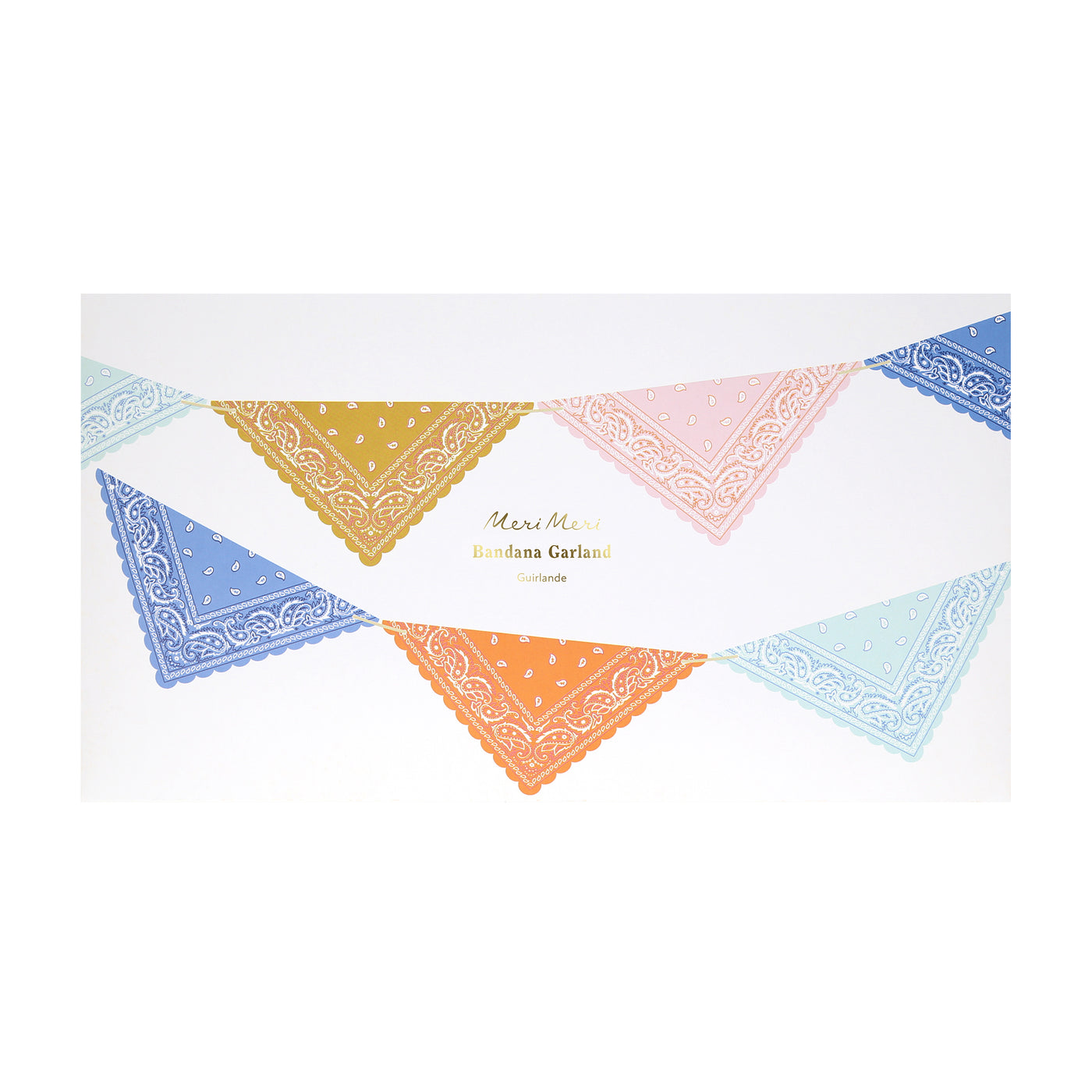 Paper garland with 10 bandana shaped pennants in five colors, including orange, mint, ochre, pale pink and blue by Meri Meri. 