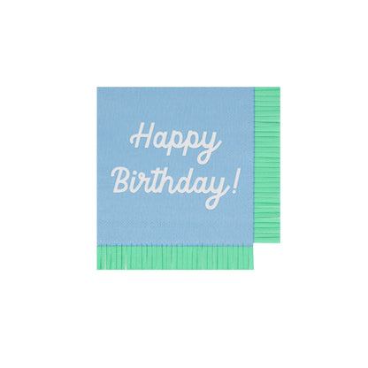 Blue Meri Meri napkin with Happy Birthday printed on it and coordinating fringe border. 