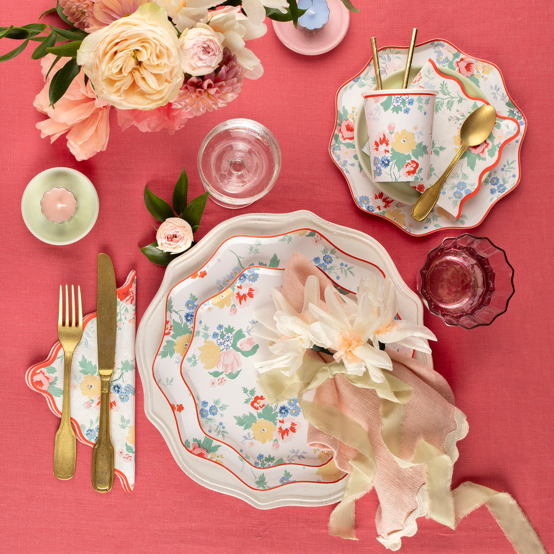 Lifestyle of set dinner table with Meri Meri Vintage Floral Plates. 