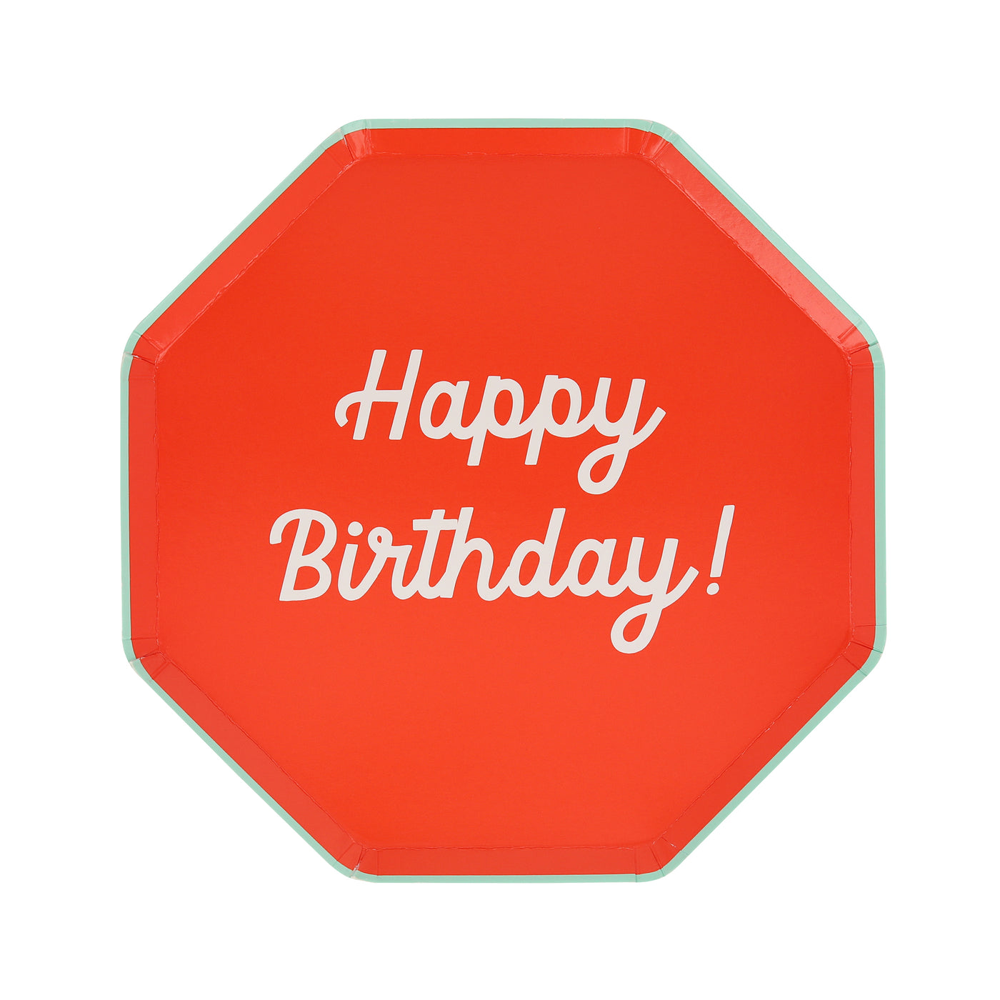 Octagonal shaped paper plate in red saying &quot;Happy Birthday!&quot;. 