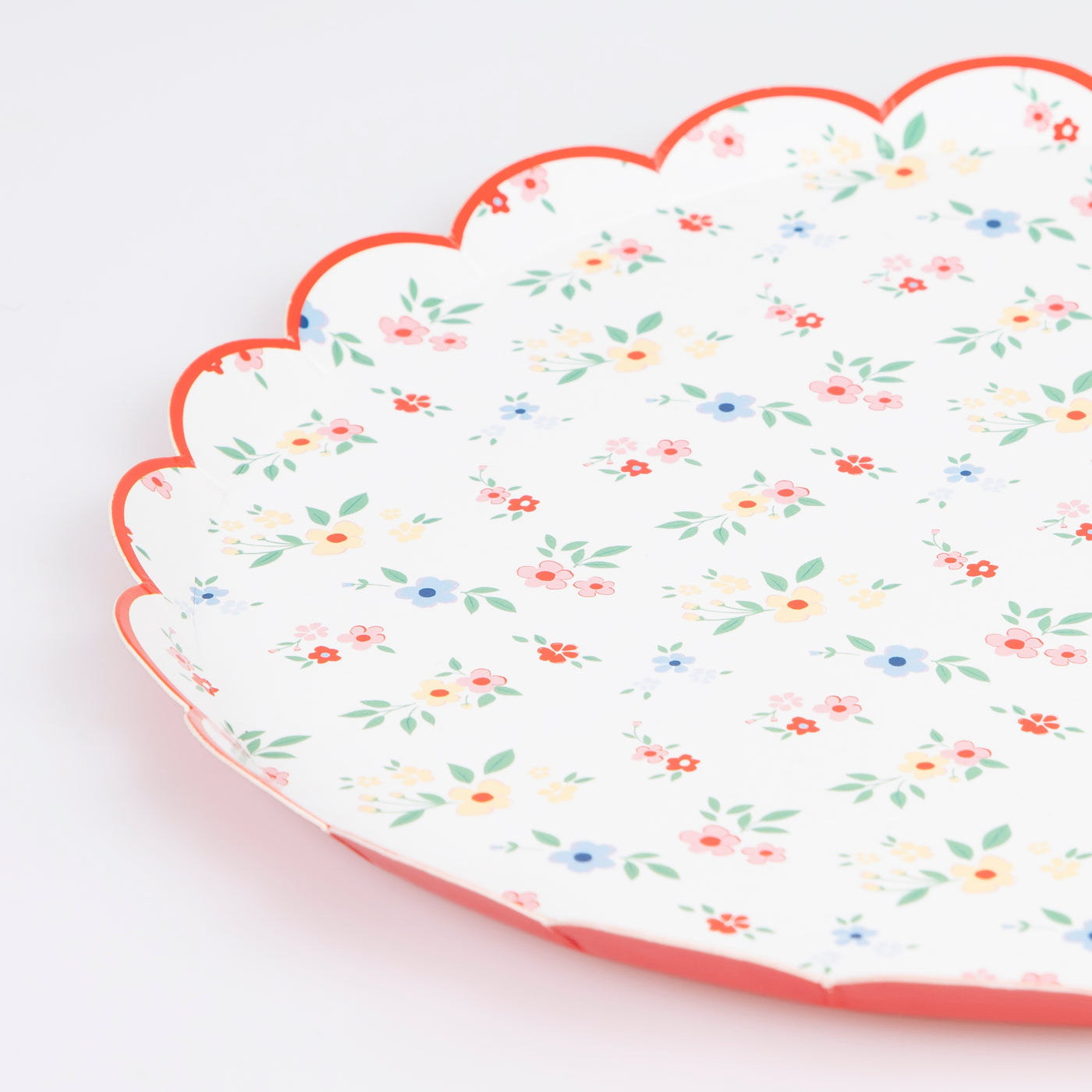 Close up of Meri Meri paper plate with  ditsy clusters and posy bouquets and a scalloped red border.