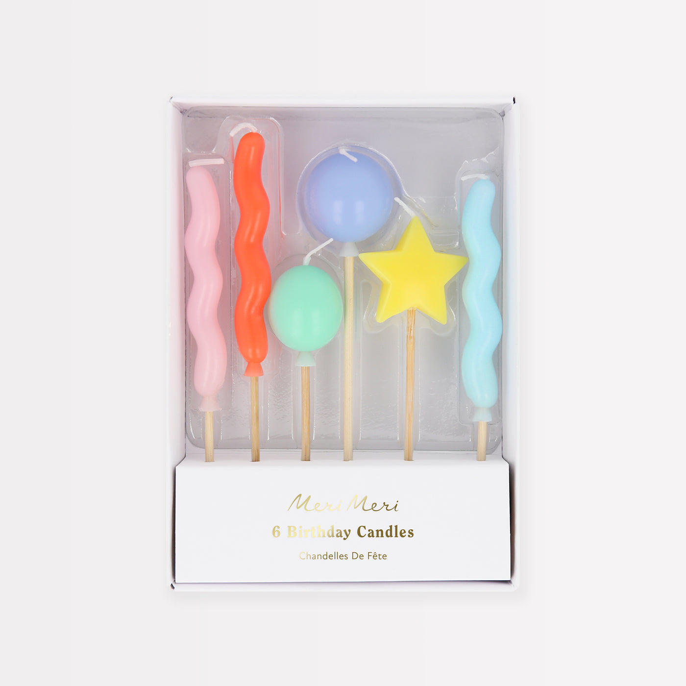 3D Moulded wax candles in 6 balloon shaped designs of 6 bright colors, including pink, bright red, mint, blue, yellow and light blue.