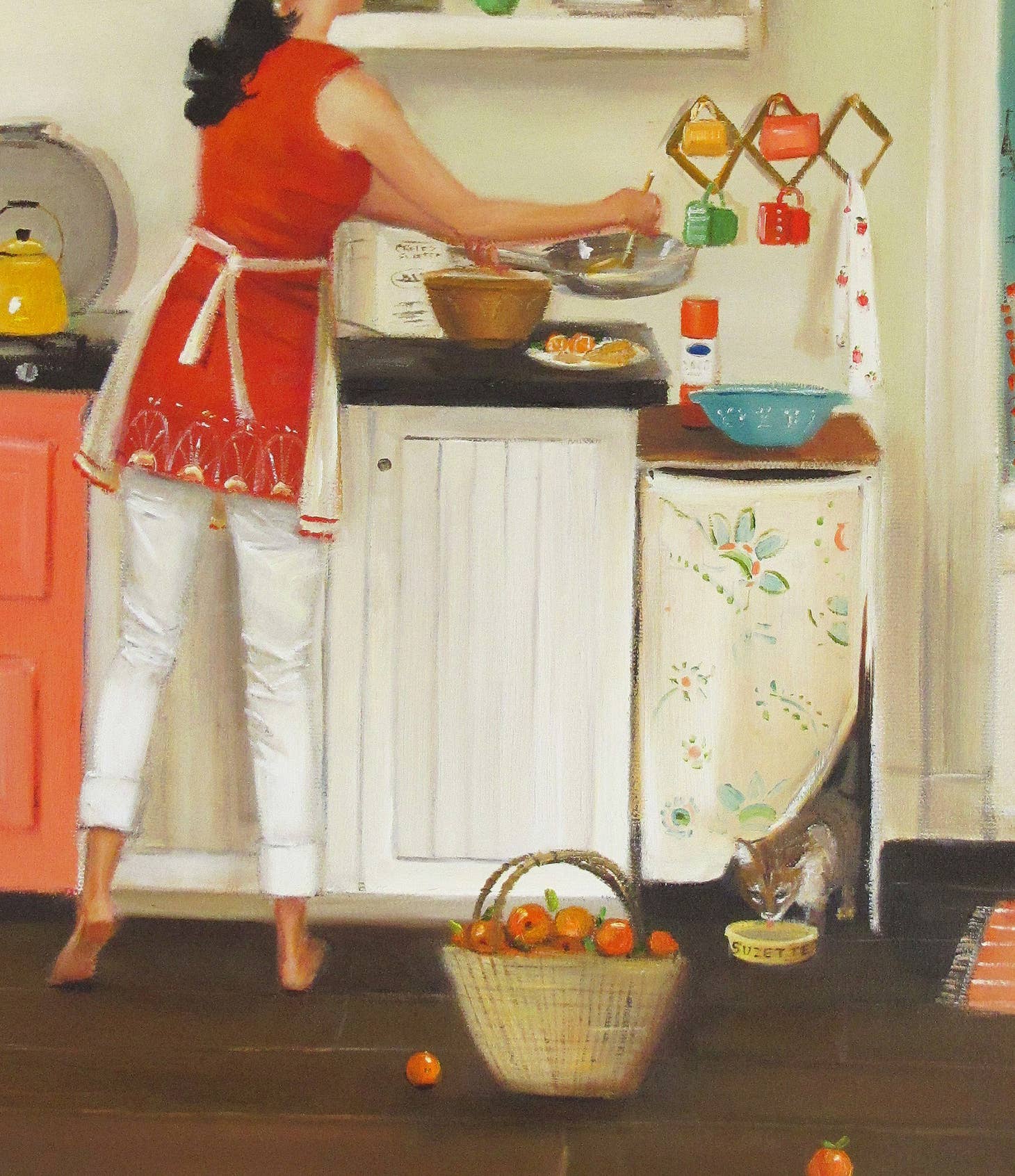 A framed painting, printed on heavyweight matte fine art paper by Janet Hill, of a woman standing in a kitchen, preparing food on a countertop.