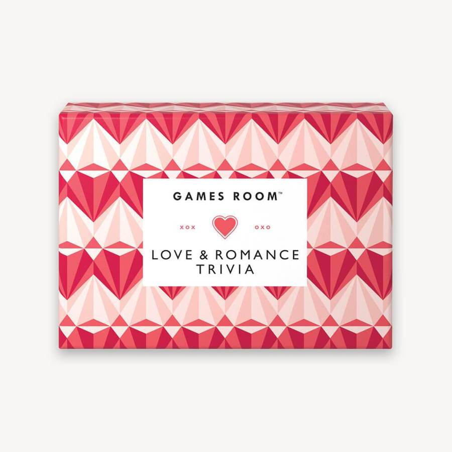 A boxed Love and Romance Trivia game with a geometric heart pattern by Chronicle Books.