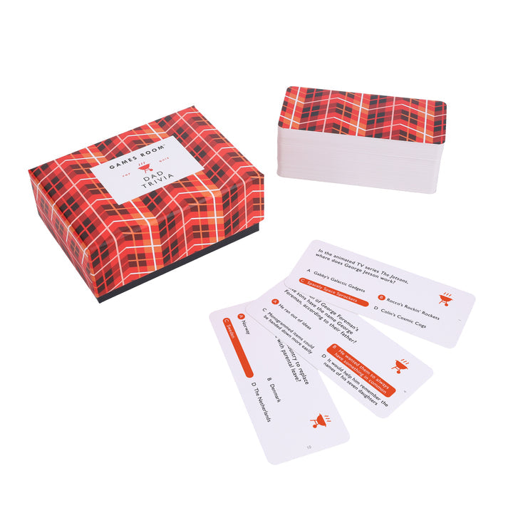 A Chronicle Books Dad Trivia box with a red and black plaid pattern.