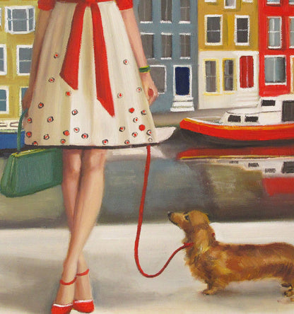 A framed print of The Duchess Small Art Print by Janet Hill, featuring a woman with a dachshund, produced in a painting style by the Canadian fine artist, utilizing archival inks.