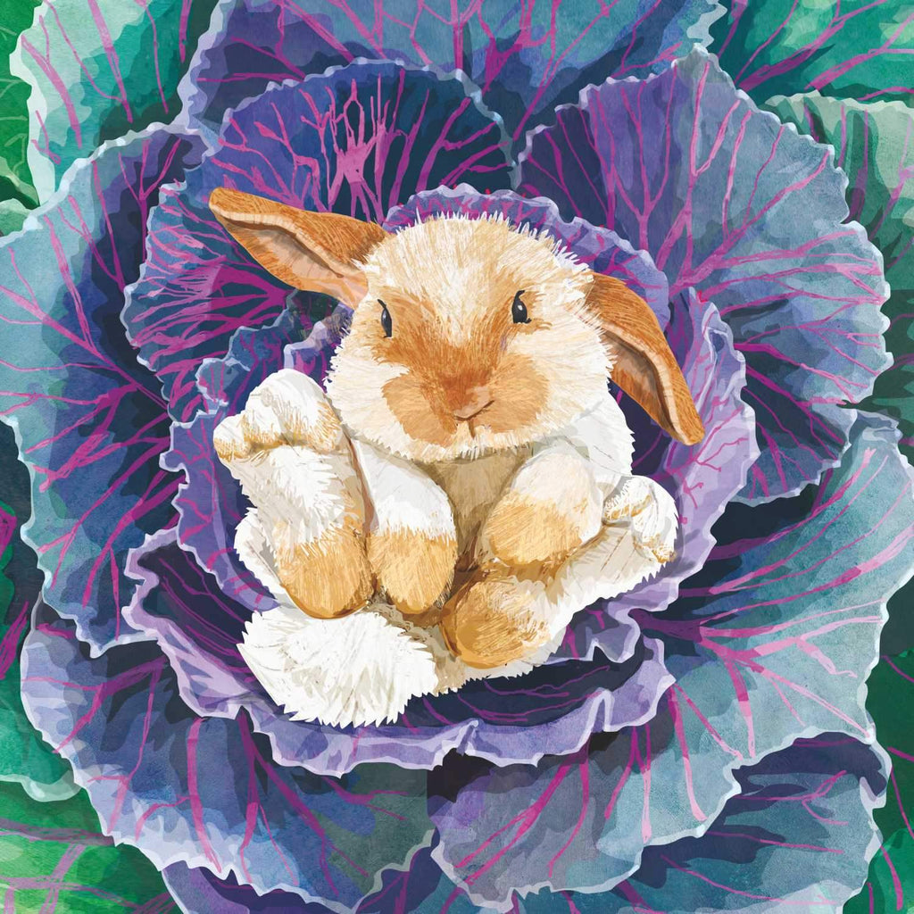 A watercolor illustration of Babs the Bunny nestled within the petals of a vibrant purple cabbage, perfect for Spring Easter tables.