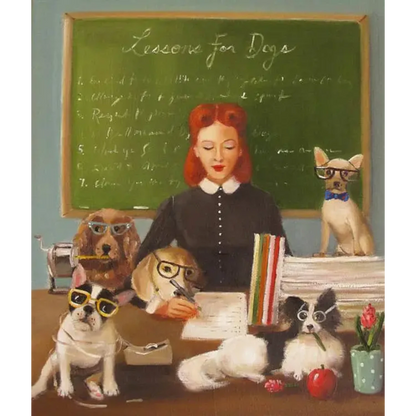 A whimsical painting by Janet Hill depicting a woman teaching a class of dogs wearing glasses, with a chalkboard titled &quot;lessons for dogs&quot; in the background, available as a Miss Moon Lesson Seven Small Art Print by Janet Hill.