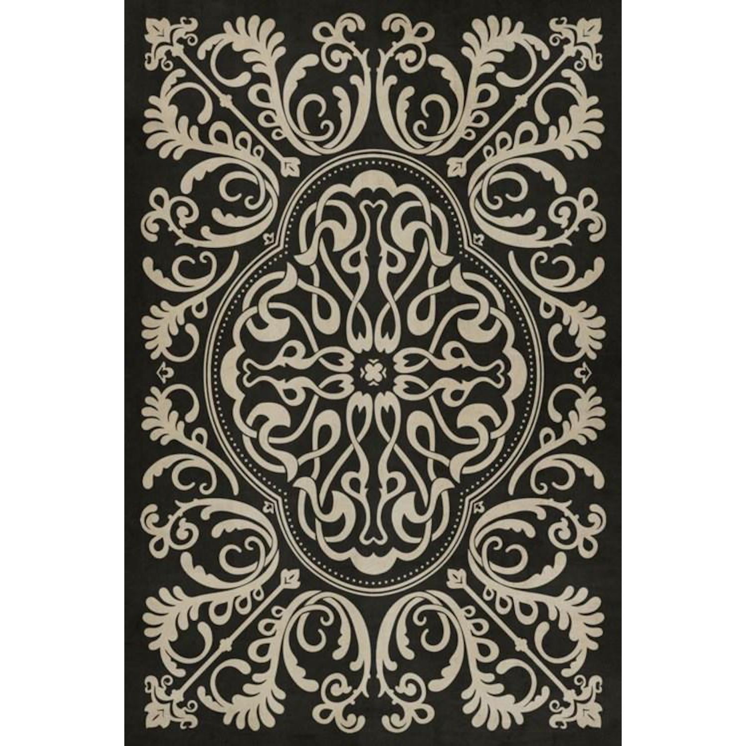 Ornate symmetrical floral and botanical pattern on a dark background, designed as a medallion on a Spicher and Company Blackjack Vinyl Rug - Pattern 39.