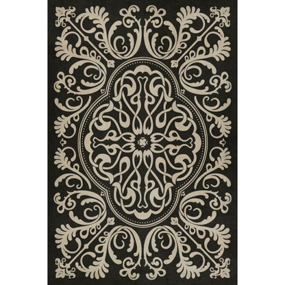 Ornate symmetrical floral and botanical pattern on a dark background, designed as a medallion on a Spicher and Company Blackjack Vinyl Rug - Pattern 39.