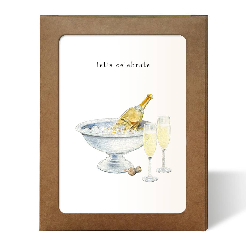 Champagne and Flutes Set of 8 Cards in a kraft box, with &quot;let&