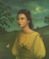 A portrait of a woman in a yellow dress with butterfly motifs, created by Canadian fine artist Janet Hill, set against a pastoral landscape with trees and a distant structure featuring the Venus Fly Trap Art Print.