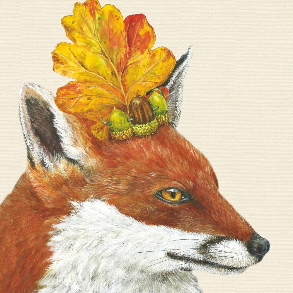 Illustration of a fox with autumn leaves and acorns on its head, depicted on Paper Products Design Sophie Beverage Napkins.