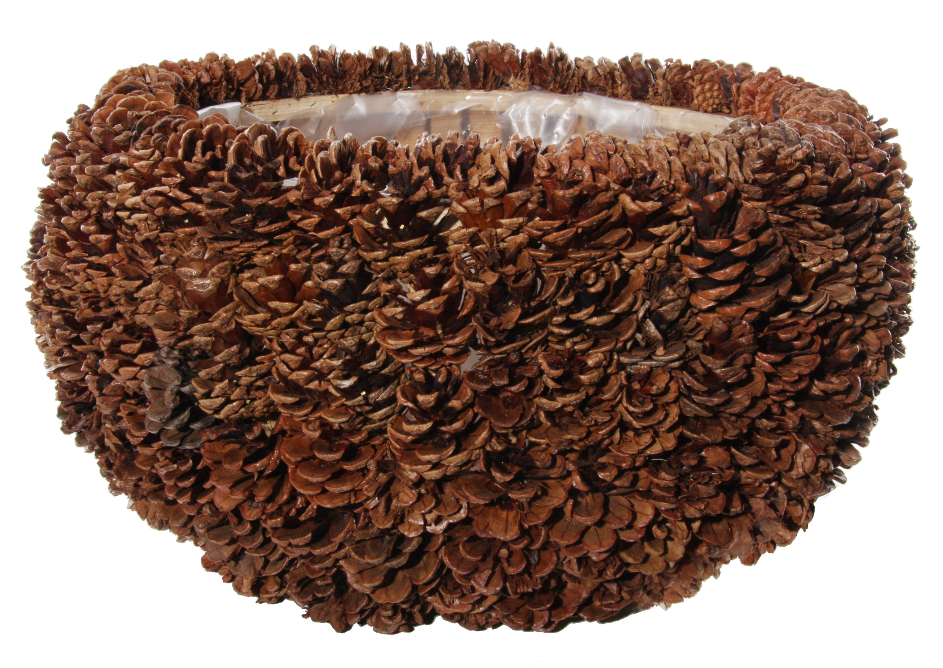 An empty Large Pinecone Bowl  with plastic lining on the inside.