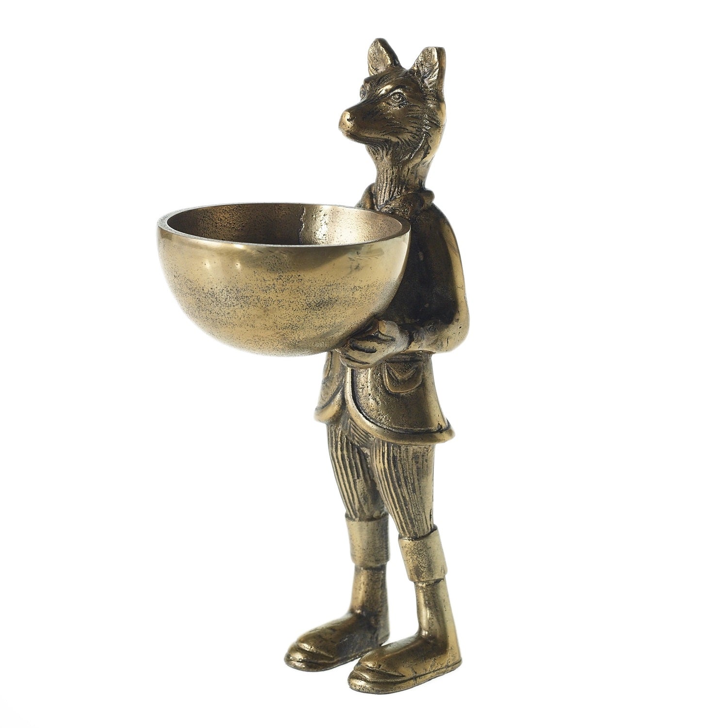 A statue of Eloise the fox holding flowers, with a brass-gold finish.