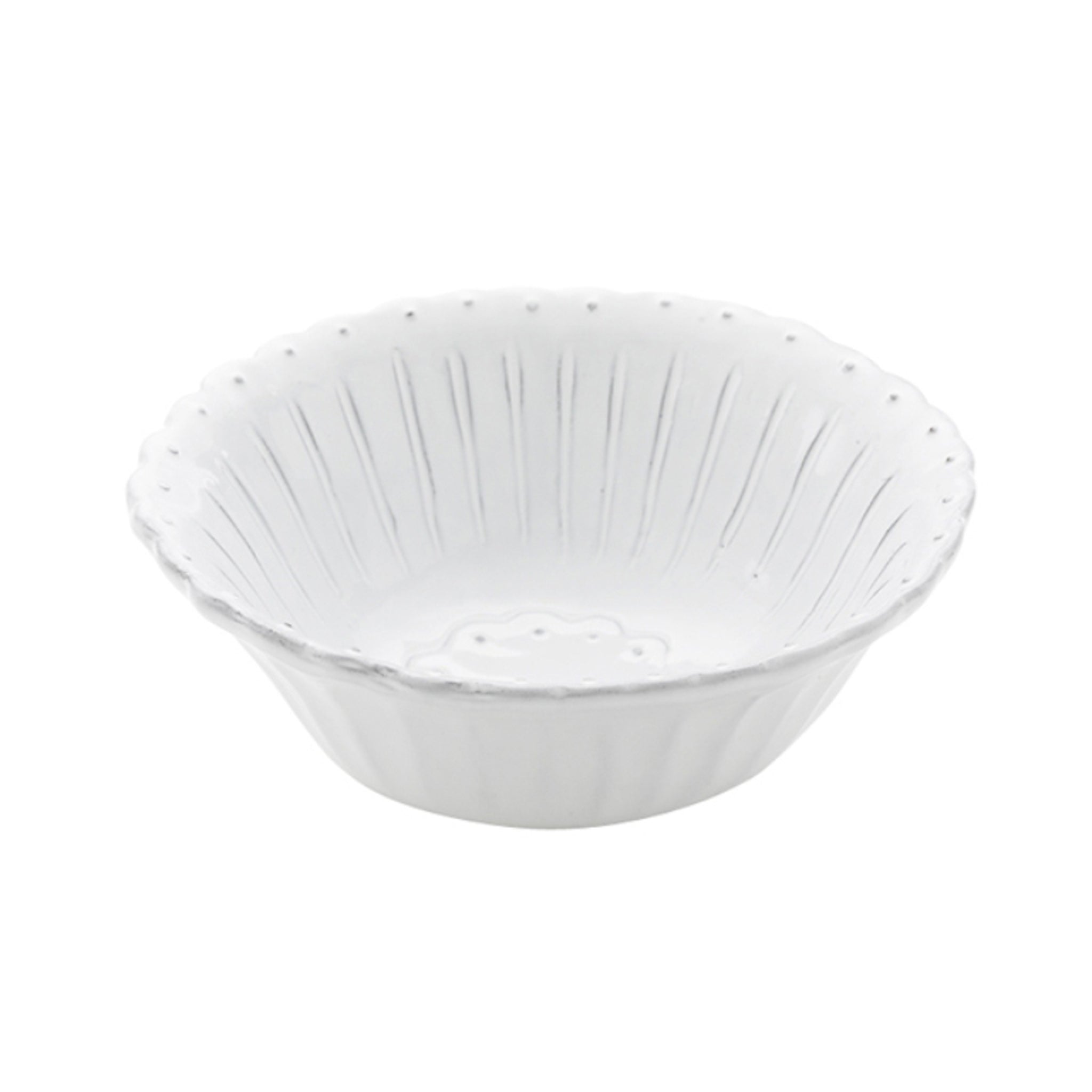 Handmade in Italy, this Arte Italica Bella Bianca Beaded Cereal Bowl features a fluted exterior design on a white background.