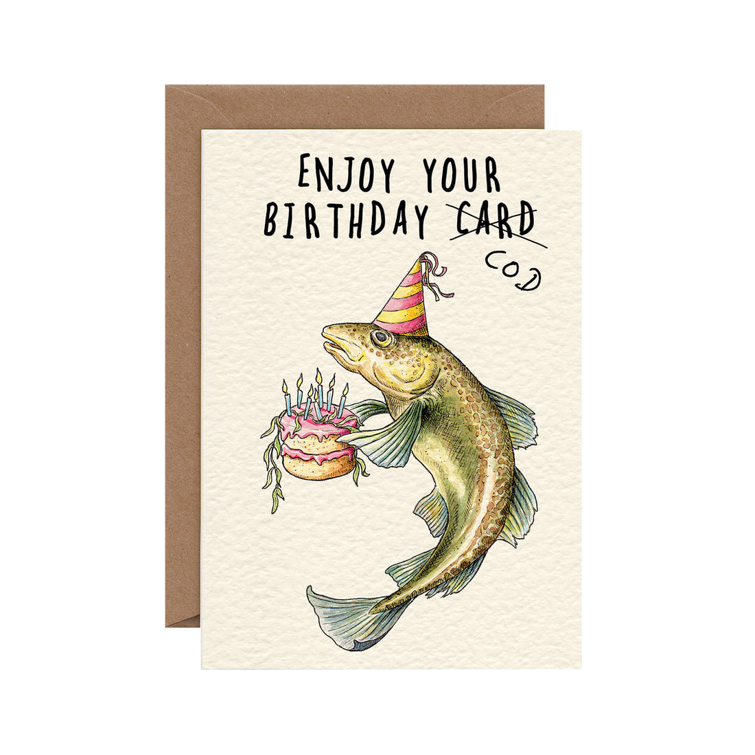 A Enjoy Your Birthday Cod Happy Birthday Card with an illustration of a fish wearing a party hat and holding a birthday cake.