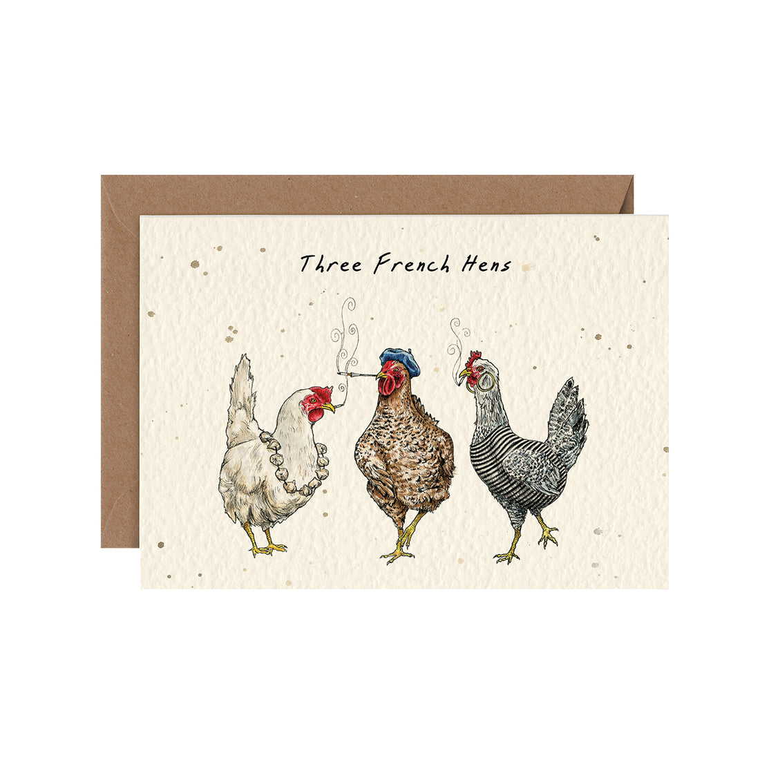 A funny illustration of three chickens smoking cigarettes, one wearing a beret, one wearing a striped shirt, one in a necklace, under the caption &quot;Three French Hens&quot;.