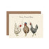 A funny illustration of three chickens smoking cigarettes, one wearing a beret, one wearing a striped shirt, one in a necklace, under the caption "Three French Hens".