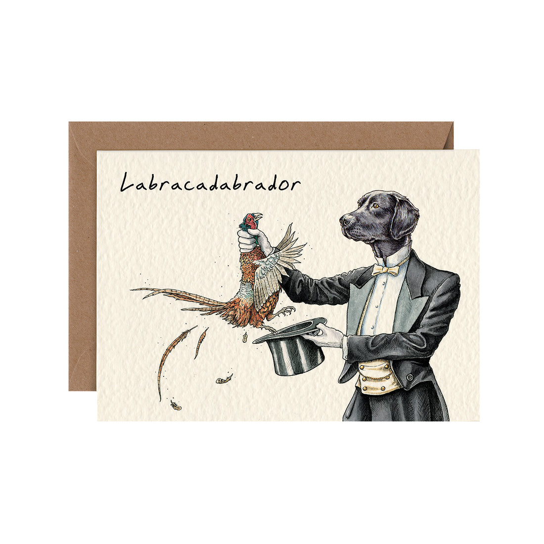 A funny card featuring a tux-clad stage magician with the head of a black labrador retriever pulling a pheasant from his top hat, with the caption &quot;Labracadabrador&quot;. 