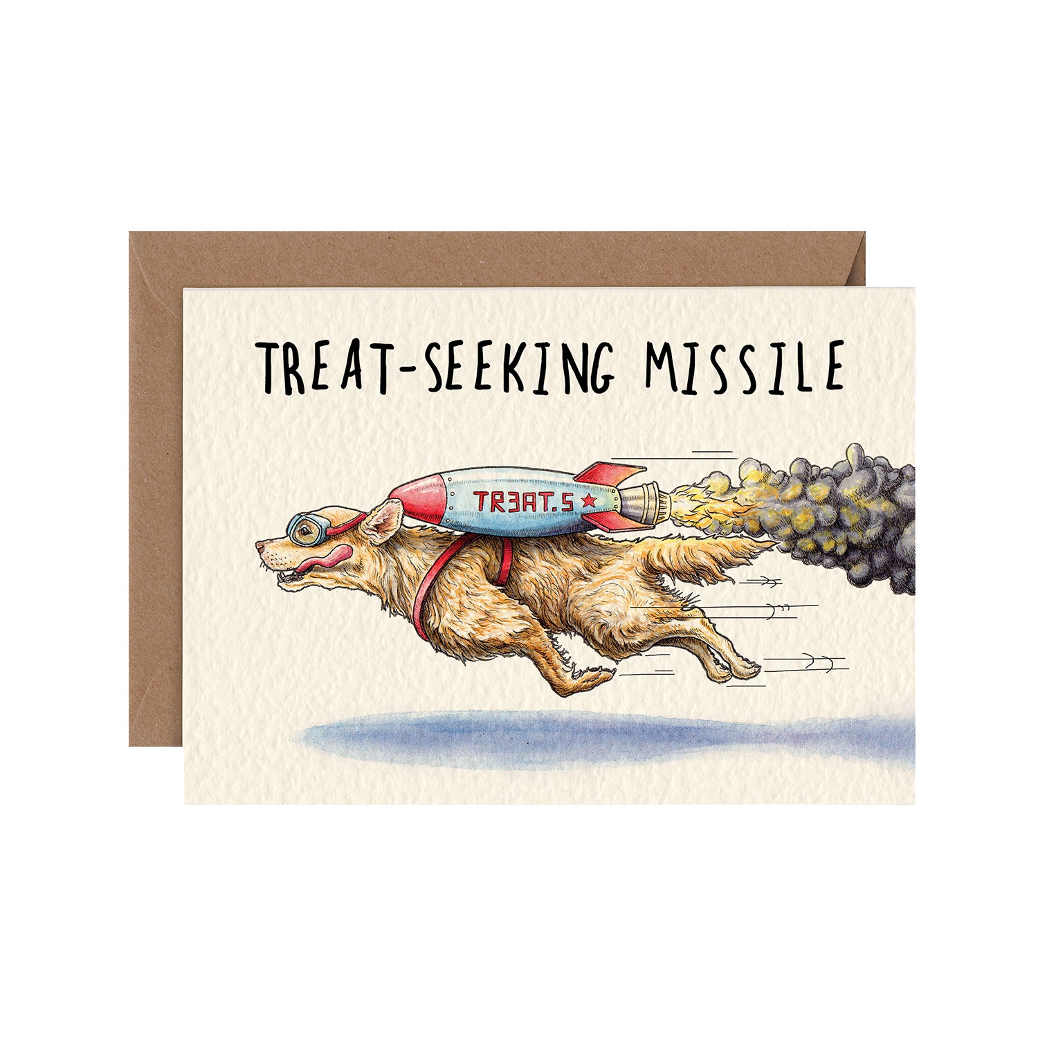 A funny illustration of a golden retriever flying by wearing a rocket strapped to its back and goggles, under the caption &quot;Treat-Seeking Missile&quot;.