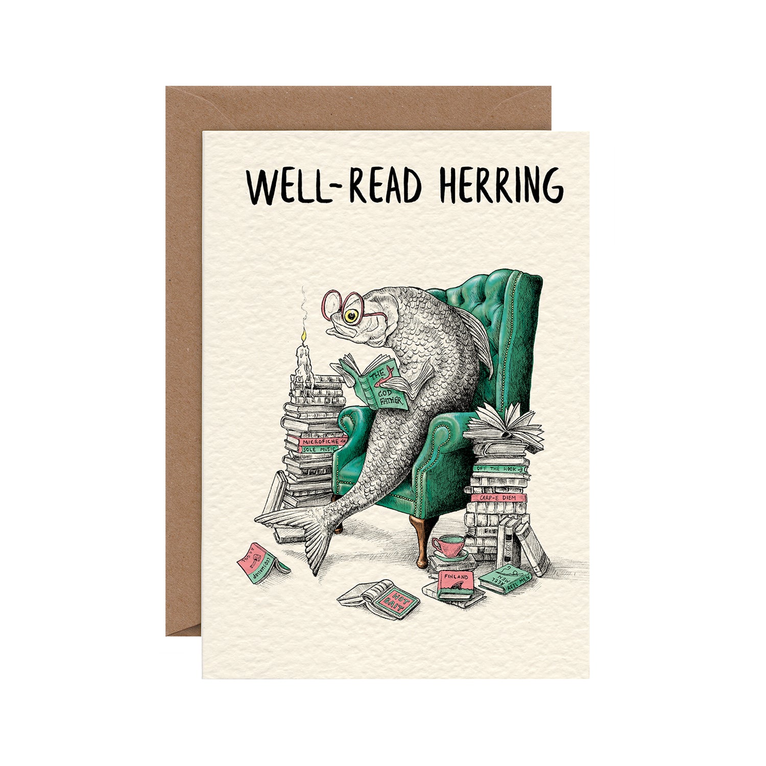 A funny illustration of a bespectacled fish in a green easy chair reading a book, surrounded by piles of books and a lit candle, under the caption &quot;WELL-READ HERRING&quot;.
