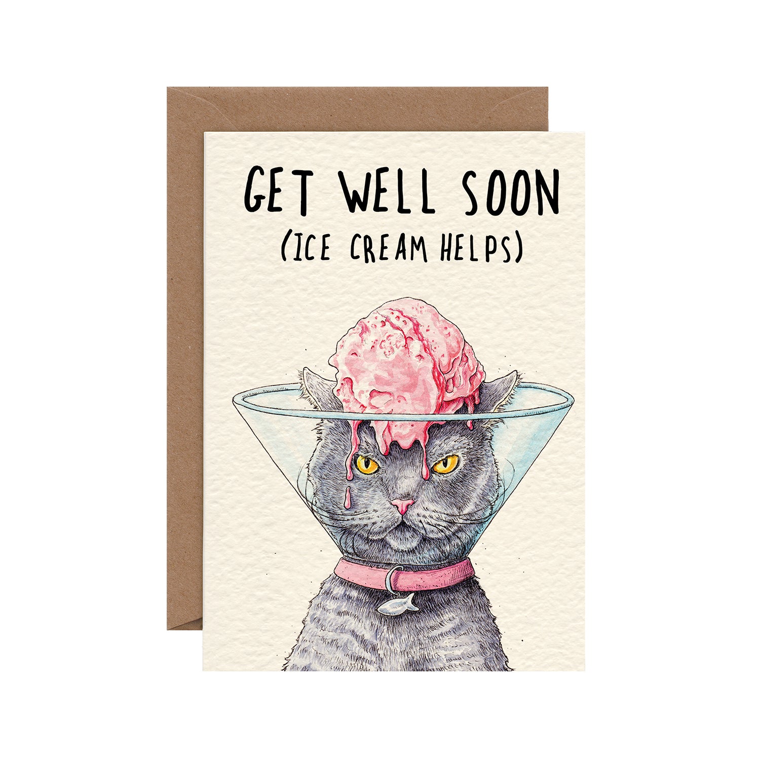 A whimsical illustration of a grey cat wearing a clear medical cone around its neck, but it&